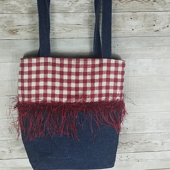 Fashion Tote, Red/white Gingham and blue Denim "Alabama" tote Bag. - Picture 2 of 3
